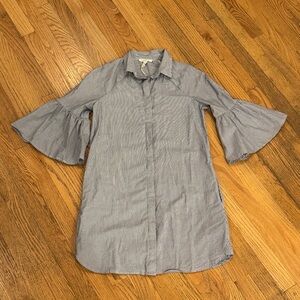 Cotton White Gray Striped Midi Dress with Flared Sleeves Size: XS